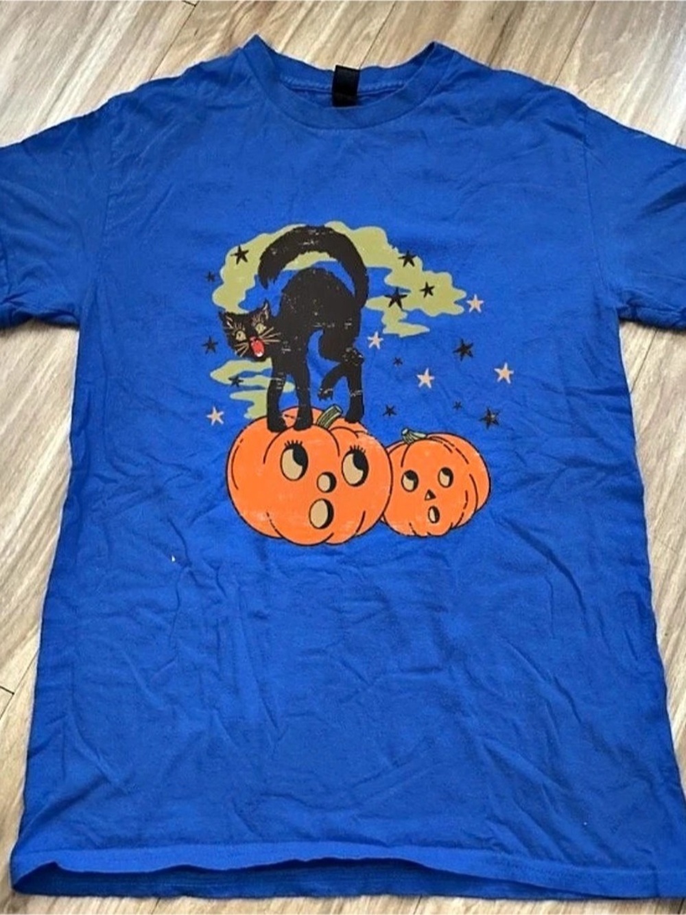 Royal Blue Graphic Short Sleeve Tee with Cat on Pumpkin